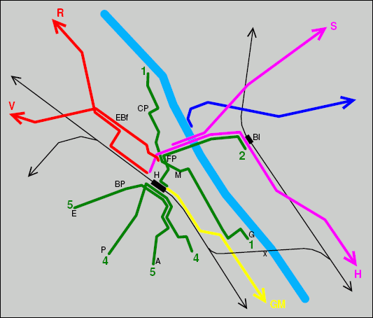 Skizze der Bonner Bahnstrecken in verschiedenen Epochen