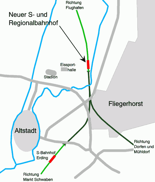 Skizze der zukünftigen Bahnstrecken in Erding