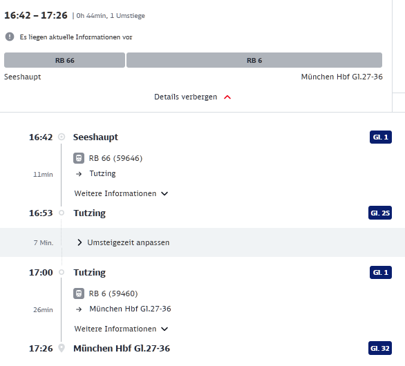 Screenshot DB-Fahrplanauskunft Seeshaupt–München vom August 2023