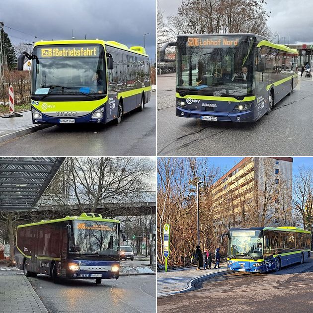 Vier Fotos von Bussen in neuer Lackierung