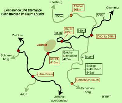 Existierende und ehemalige Bahnstrecken im Raum Lößnitz