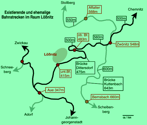 Existierende und ehemalige Bahnstrecken im Raum Lößnitz