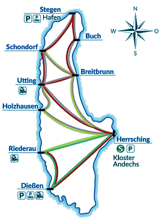Karte Ammersee mit Schifffahrtsrouten