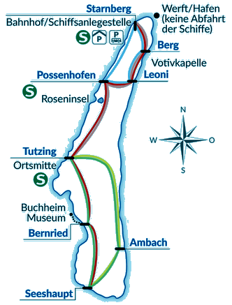Karte Starnberger See mit Schifffahrtsrouten