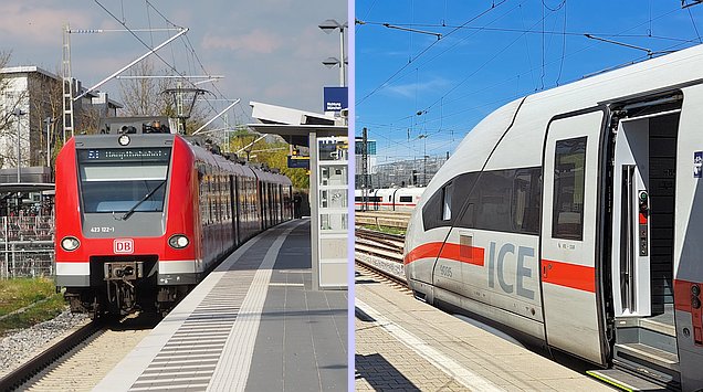 Zweigeteiltes Bild: links eine S-Bahn Baureihe 423, von vorne fotografiert am Bahnsteig stehend; rechts die Spitze eines ICE 4, mit offener Tür am Bahnsteig stehend, von schräg hinten fotografiert.