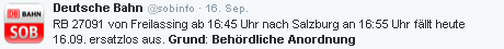 Tweet Südostbayernbahn 16.9.2015