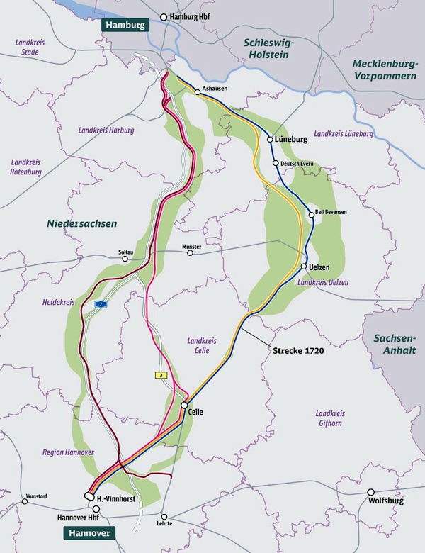 Skizze der Trassenvarianten zwischen Hamburg und Hannover
