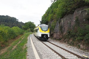 Zug kommt durch eine Kurve, eingleisige Strecke ohne Oberleitung, direkt rechts daneben ein Felshang.