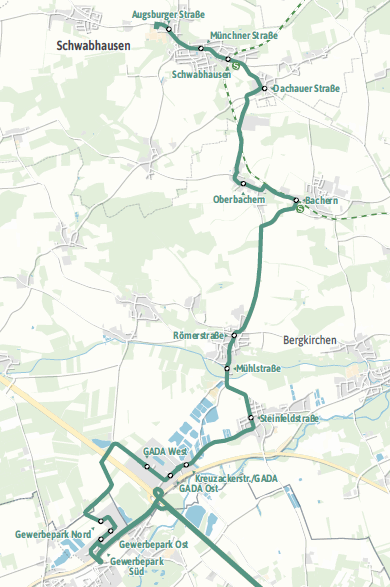 Kartenausschnitt zwischen Aichach und Schwabhausen und Geiselbullach mit einem Teil des Weges der Buslinie X730
