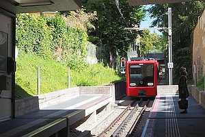 Wagen ein Bahn auf einem Gleis mit Zahnstange, rechts und links Bahnsteige, eine wartende Person