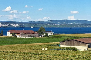 Blick über Felder auf See mit einzelnen Segelbooten, im Vordergrund landwirtschaftlich Gebäude, im Hintergrund Ort am gegenüberliegenden Ufer und Berge